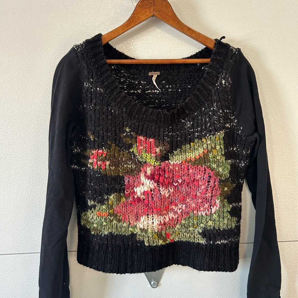 Free People Black Floral Cropped Sweater